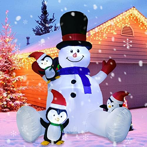 Artiflr 7ft осветлен Божиќен надувување Снежен човек со три симпатични пингвини, градење на светла во боја LED светла на отворено