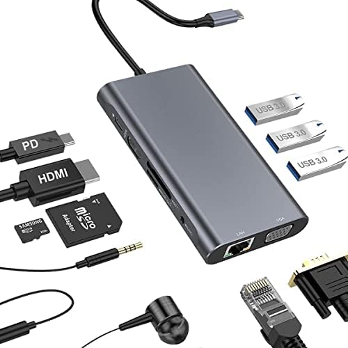 USB C Hub, 10 во 1 тип C мултипорт адаптер пристаниште со Gigabit Ethernet, 4K HDMI, VGA, 3 USB3.0, 60W PD, 3,5 mm Audio и SD/TF Docking станица