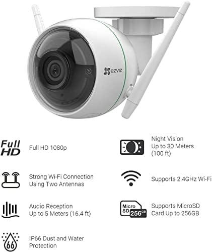 Безбедносна камера Ezviz Outdoor 1080p WiFi, 100ft Night Vision, водоотпорен, зона за откривање на паметни движења, само WiFi од