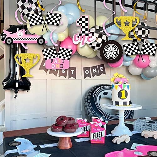 Брз Еден 1-ви Роденден Украси, Розова Трка Автомобил Виси Вител Првиот Роденден Карирани Партија Материјали За Девојки Една
