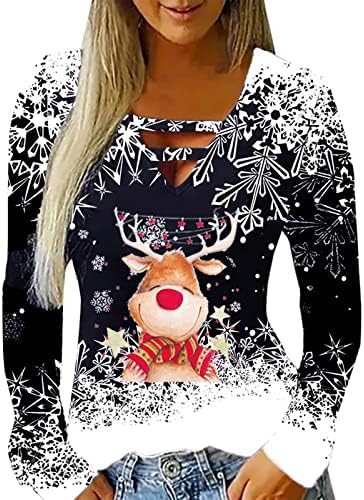 Божиќен џемпер за жени Нова Година 2023 година Смешна слатка екипатка џемпер на шутната врата на В-вратот на вратот за снегулки на вратот