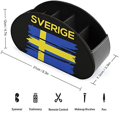 Sverige Sweden Sweding Swedy Flag Remote Contage Cox Multifunctional PU кожа ТВ далечински држач за организатор на десктоп кутија со 5 оддели за ТВ -далечински контролори, молив, четка за шминка едн