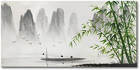 Традиционално кинеско сликарство црно -бело пејзаж платно wallиден уметност бамбус уметнички дела