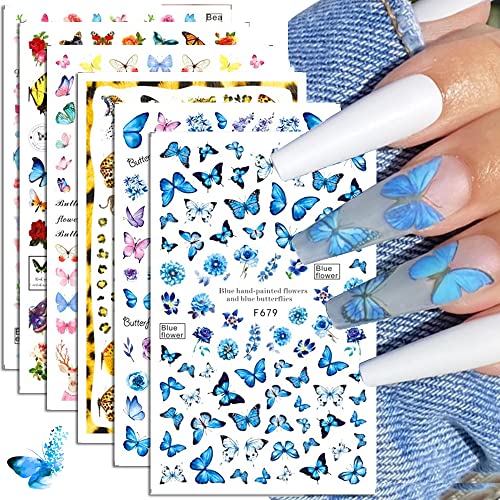 Пеперутка нокти налепници за уметност Декларации 3Д самолепливи разнобојни цвеќиња пеперутка нокти за нокти за уметност за нокти украси пролетен