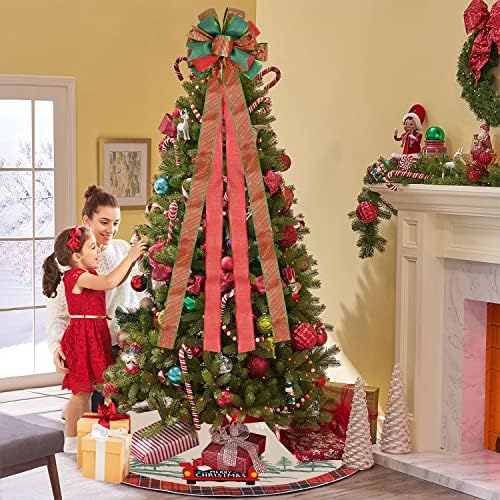 Лак за елка, лак, 56,7 x 12,6 инчи големи црвени врвови лак со лента за жичен раб за елкирање за украсување на новогодишни елки