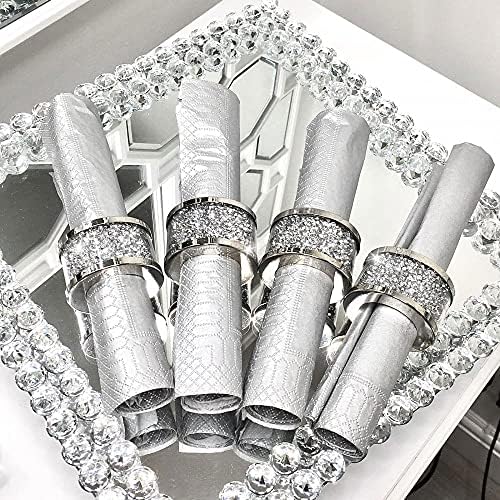 Рачно изработени прстени од сребрена салфетка, сет од 4 држачи за ткаенини со искривени кристални кршени дијаманти за подарок за украси
