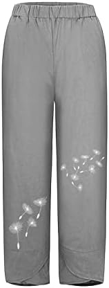 Обични панталони со капри за жени плус големина памучна постелнина панталони цветни печатени модни тренинзи исечени панталони со џебови