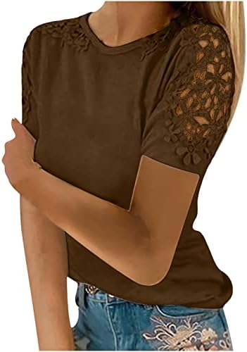 Женски симпатична чипка блуза врвна летна кратка ракав чипка шуле од обични маици со тркалезен врат кафеава кафеава кафеава