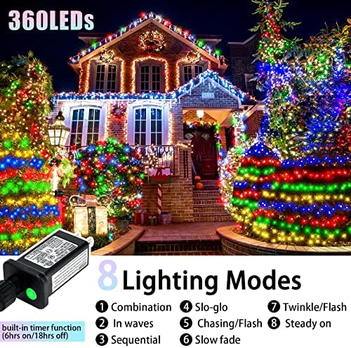 12ft x 5ft Божиќни светла на отворено, 360 LED мрежни светла со 8 режими, поврзување, приклучување на светла за грмушки мрежи Божиќни самовили
