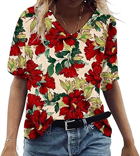 Врвови за туника за жени лабава вклопена случајна плус големина маица лето цветни печатени графички маички со преголеми блузи со маица V-врат