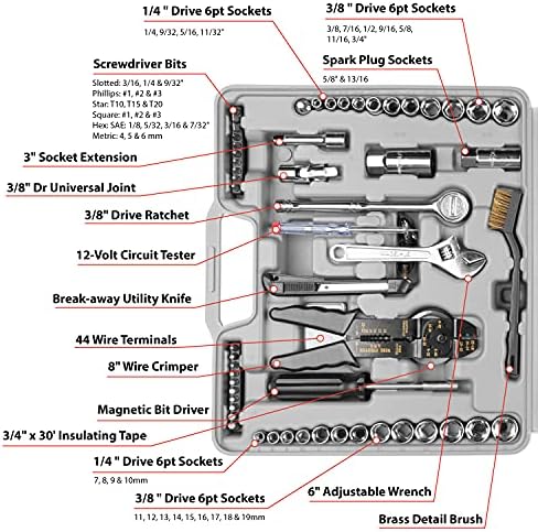 Алатка за перформанси W1193 SAE/Metrit Multi-Use Set, општи алатки за рачни домаќинства, сет за алатки за поправка на авто, со пластична кутија
