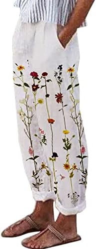 Женски памучни постелнини обични панталони опуштени вклопени цветни печати директно панталони еластични панталони за половината