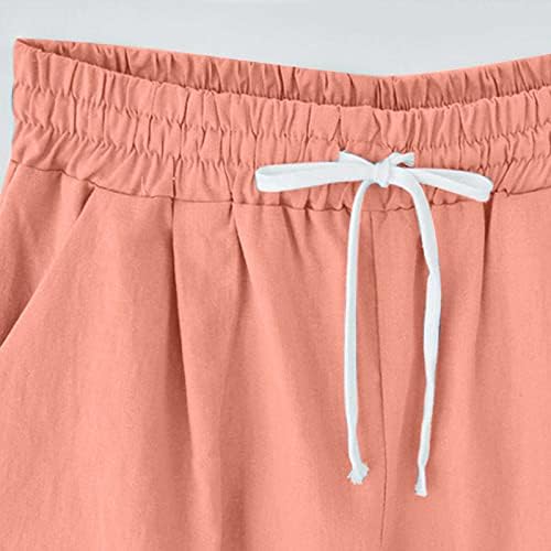 Памучни постелнини Бермуди шорцеви за женски влечење еластични шорцеви со високи половини летни обични лабави шорцеви со џебови со џебови