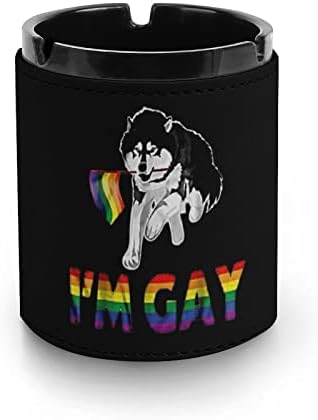 Јас сум геј гордост ЛГБТ знаме сибирски хаски цигара пепелска пепел, кожен фиока за пушење, држач за пушење за декорација на десктоп за домашна