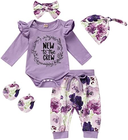 Зоелник новородено девојче облека со букви печати долги ракави ромпер+цветни панталони+капа+лента за глава+ракавици 5 парчиња облека