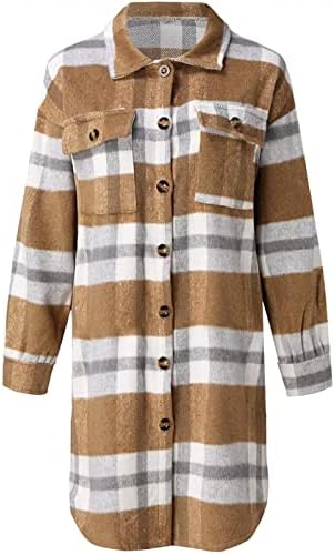 Cokuera женски модни фланели карирани палта со долги ракави фланел копче лапел надолу по џебната шега со долга јакна од ровот надвор
