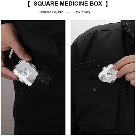 Плоштад пилула кутија со бела мачка пилула кутија метална медицина Организатор на пилули за џебна чанта и патување 2.2x1.6in