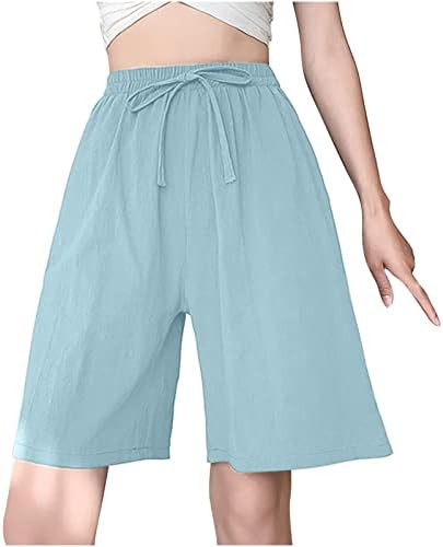Женски летни памучни постелнина шорцеви за влечење на еластична половината плажа Бермуда шорцеви со џеб обични лабави широки панталони