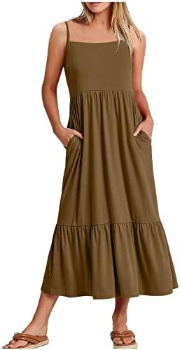 Летни фустани на hcjkdu за жени шпагети ленти без ракави лесен лабав макси фустан со џебови издлабени проточна плажа
