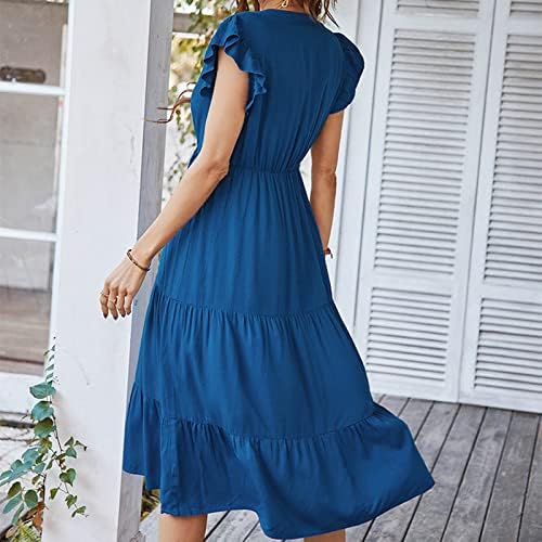 Lmdudan 2023 летни пролетни фустани за жени кратка ракав цврста боја линија за замав миди фустан елегантен цврст фустан во боја
