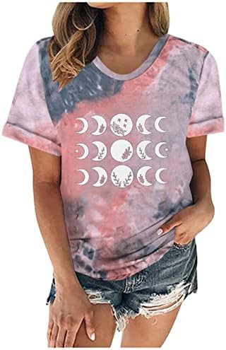 Graphimensенски месечина на сонцето Графички врвови гроздобер лабава лабава блуза со кратки ракави вратоврска боја маичка тинејџерска девојка