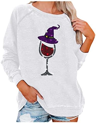 Narhbrg жени врвни симпатични чаши за вино со вештерки, печатено џемпер, пулвер Ноќта на вештерките Божиќ смешно вино lубител на маици