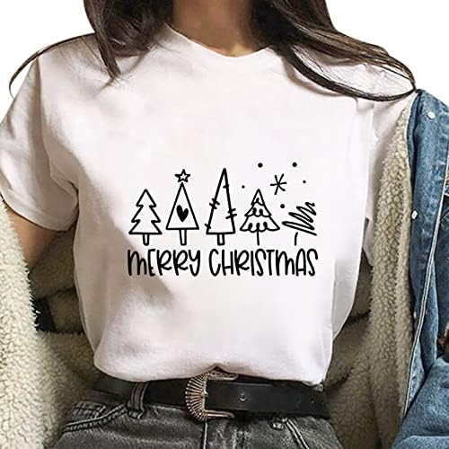 Women'sенска блуза симпатична цртана маичка за новогодишна елка весела Божиќна буква графичко печатење врвови со кратки ракави блуза