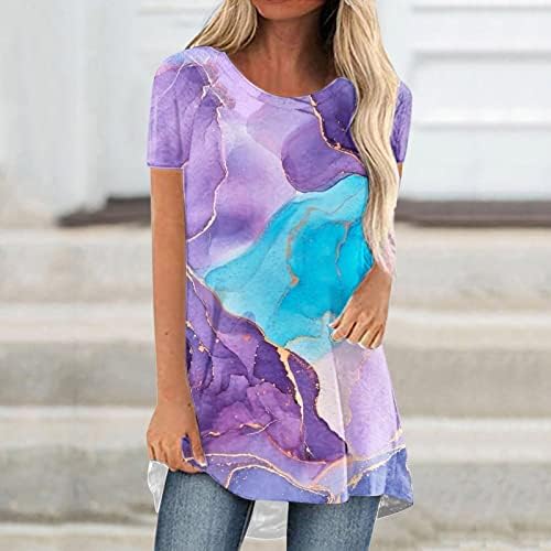 Charella Boat Reck Spandex Bluses за дами кратки ракави мермер графички лабави вклопени обични блузи маици тинејџерски девојки 2023 година
