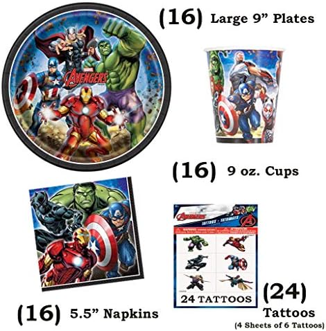 Поставени материјали за роденденска забава Avengers - Служи 16 - Вклучува декорација на банер, табели, чинии, чаши, салфетки,