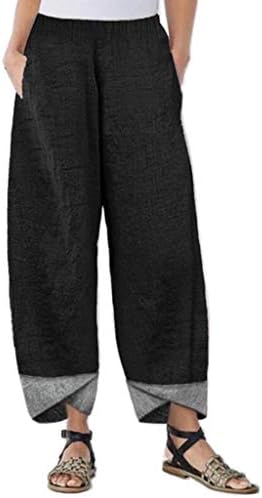 2023 памучни постелнини панталони плус големина, еластична половината широка нога палацо јога каприс удобна мода буги панталони со