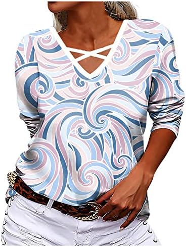 Женска обична печатење V-врат-врат со долга ракав врвна маица