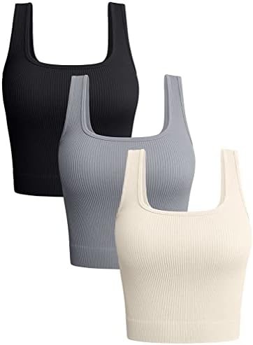 OQQ Women'sенски 3 парчиња резервоарот врвови со ребрести лесна вежба за вежбање кошули јога култури врвови
