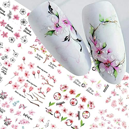 Цвеќиња со цвеќиња на MLOVEW на налепници за нокти за уметност на нокти, 12 во 1 голем лим цреша, розови цветни налепници додатоци
