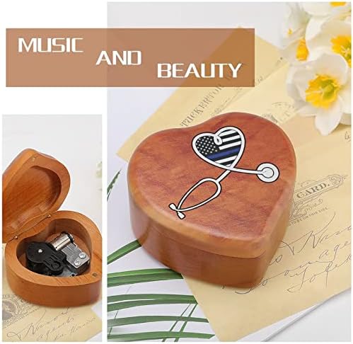 Медицинска сестра Полициска службеник срце дрвена музичка кутија за ветровито во форма на срце во форма на печатени музички кутии за