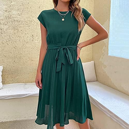 Фрагрн летен фустан, дами пролетен моден моден плетиран туничен тркалезен врат печатен фустан со краток ракав