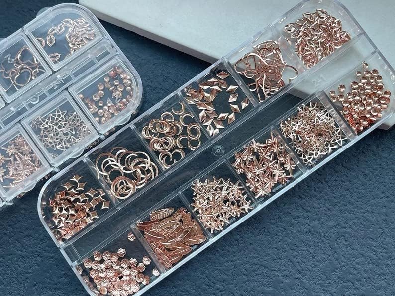 12 решетки метални столпчиња за нокти/розово злато во боја на забивање на нокти/сет за декорација на метални нокти