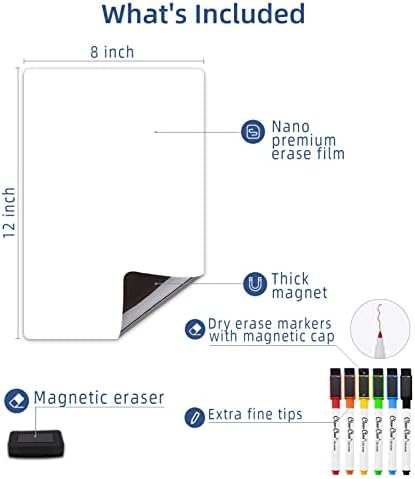 Магнетско суво бришење на таблата со табла - 12 x8 Мала табла за отпорни на дамки од фрижидер - 6 дополнителни маркери за фини точки