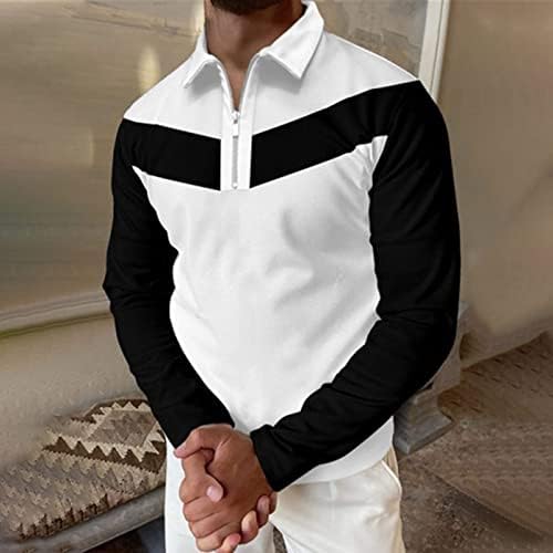 XZHDD полу-патент Поло кошули за мажи, долги ракави ленти со боја, блок-крпеница врвови, вртејќи ја јака, обична кошула, трокреветна боја блок