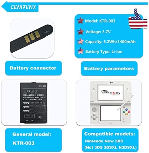Cenifenx Нова батерија 3DS, KTR-003 3.7V 1400mAh Замена за Nintendo New 3DS игра плеерка батерија, со комплет за алатки за поправка