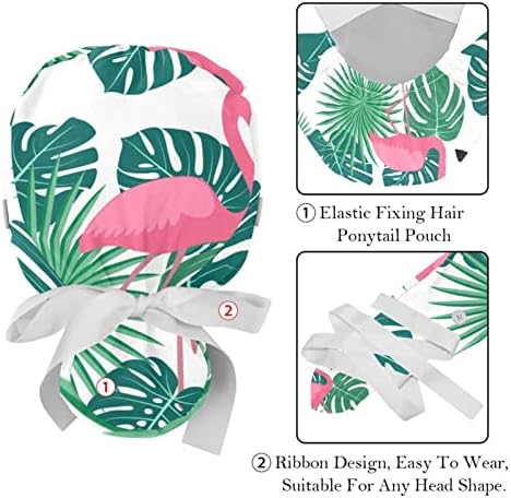 Фламинго тропска палма џунгла Монстера Остава 2 парчиња прилагодливи буфни капи со копчиња и капаци за вратоврска на главата на лентата за