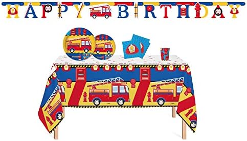 Служи 24 Комплетен Оган Камион Роденденските Материјали Вклучуваат Чинии, Чаши, Салфетки, Навлаки За Маса и Транспарент За Среќен Роденден