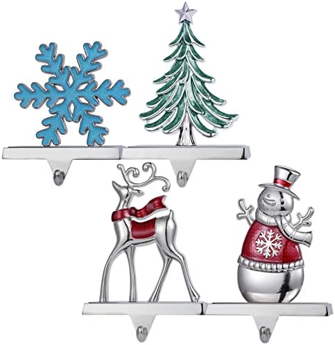 Божиќни носители на порибување за мантил сет на држач за порибување 4 -Божиќ за камин дрво снегулка снежен човек елени за божиќни