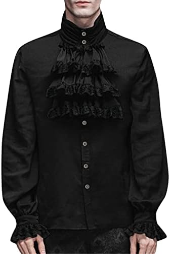 Ренесансна кошула мажи постелнина машки готски гроздобер чипка кошула стојат јака со долга ракав, блуза од кошула