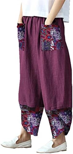 Maiyifu-GJ женски лепенка постелнина широки панталони за нозе Еластична половината случајна капри хареми панталони лабави затегнат салон Баги Пант
