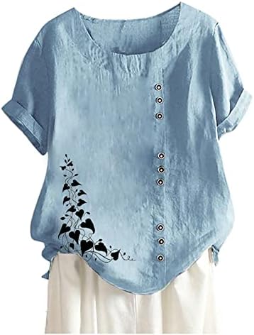 Womenените летни памучни постелнина маица лабава обична екипаж со кратки ракави за печатење кошули со кошули удобни врвови за дишење на пулвер