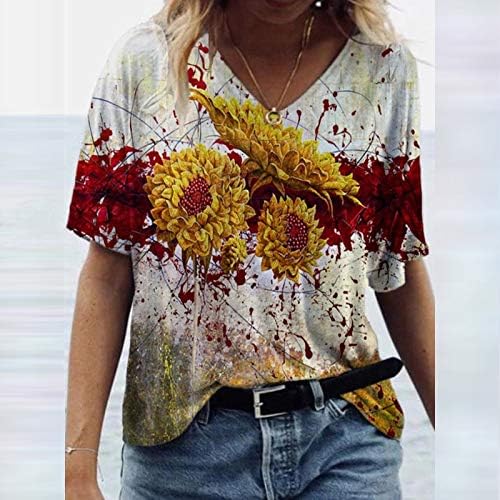 Маици за жени случајни плус големина сценско цвеќе печатење на тркалезниот врат кратки ракави пулвер блузи кошули врвови