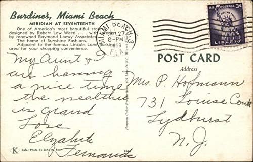 Плажата во Мајами на Бурдин, Флорида ФЛ Оригинална гроздобер разгледница 1959 година