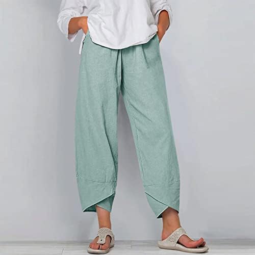 Женски памучни постелнини капри панталони еластични панталони со ширина на половината, летни обични исечени панталони за плажа дневно носење