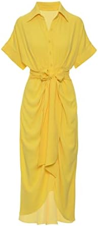 Летни фустани за жени скули со единечна града копче Долга кошула фустан со краток ракав плетенкан фустан