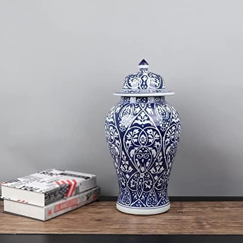 Mryer Antique Blue White Porcelain Vase со капакот декоративен насликан застаклен керамички чиноизери ѓумбир за складирање тегла ориентален